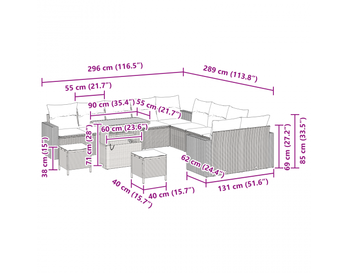Sonata H 13 части градински диван комплект с възглавници сив полиратан акация