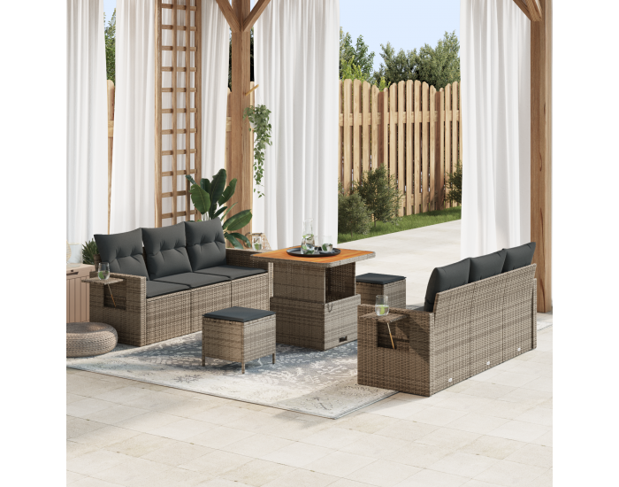 9-частов комплект градински диван с възглавници сив полиратан