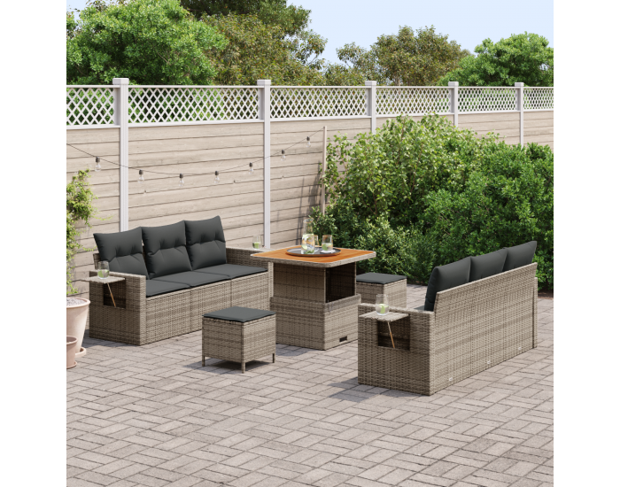 9-частов комплект градински диван с възглавници сив полиратан