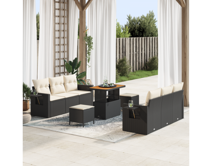 Комплект от 9 части с диван за градина с възглавници черен полиратан акация