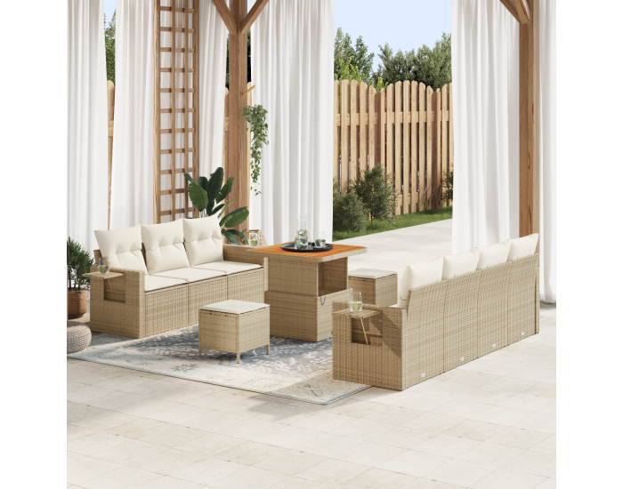 Sonata H 10 Часова Градинска Диванска Комплектация с Възглавници Бежова Пол Ратан Акасиево