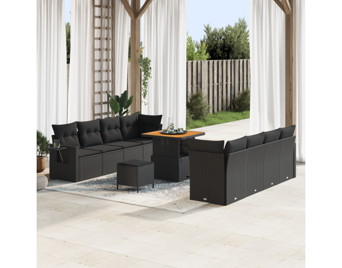 Sonata H 11 Часов Градински Диван Комплект с Възглавници Черен Полиратанов Бук