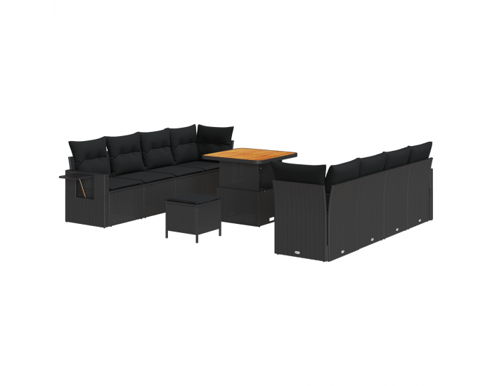 Sonata H 11 Часов Градински Диван Комплект с Възглавници Черен Полиратанов Бук