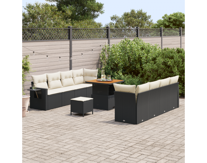 Sonata H 11 Частен Комплект Градински Диван с Възглавници Черен Полиестерен Ратан Акация