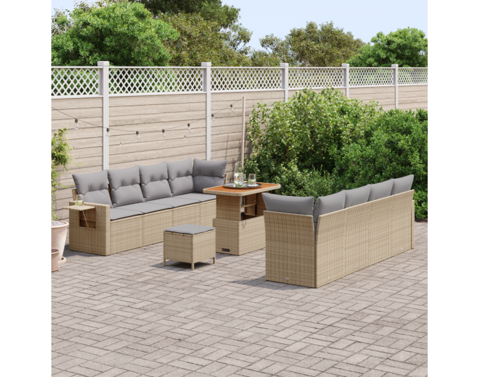 Комплект градински диван Sonata H от 11 части с възглавници Бежов Полирани ратан Акация