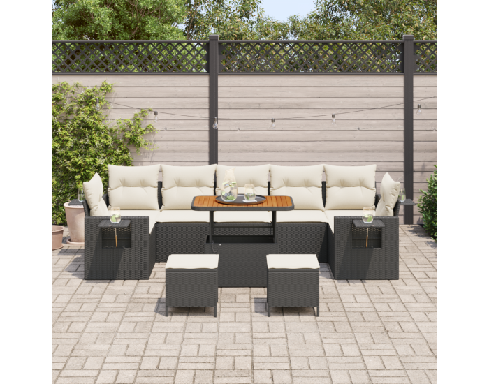 Комплект градински диван с възглавници Sonata H 10 части Черен Поли Ратан Акация