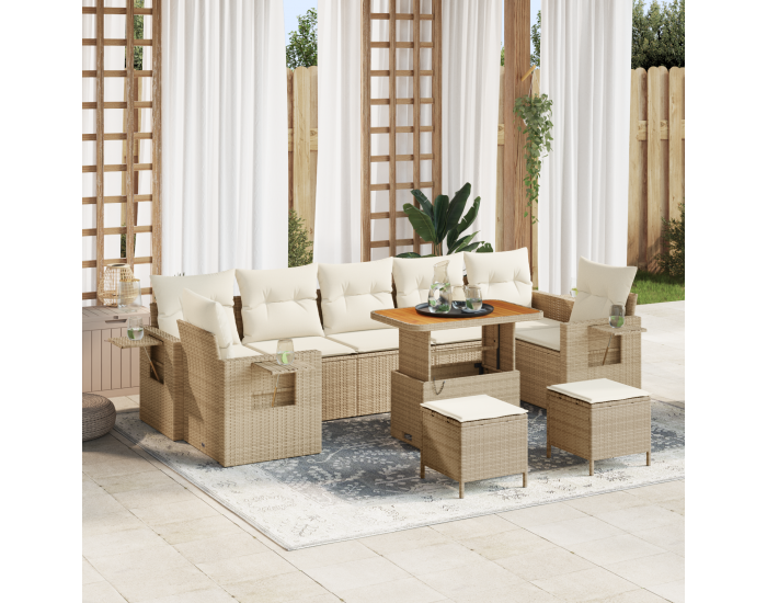 Sonata H 10-частен комплект градински диван с възглавници, бежов поли ратан акация