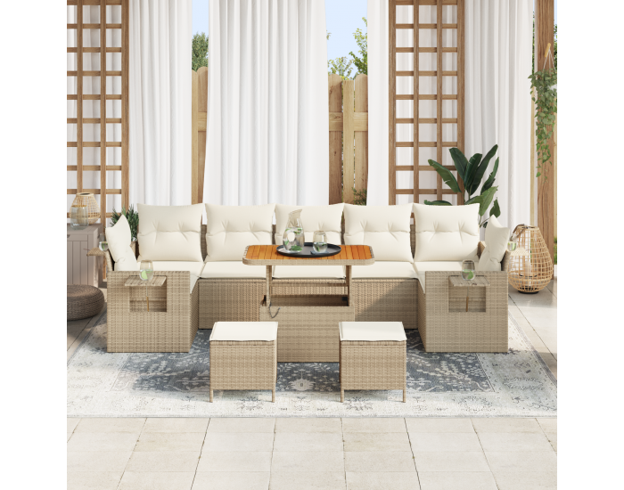 Sonata H 10-частен комплект градински диван с възглавници, бежов поли ратан акация