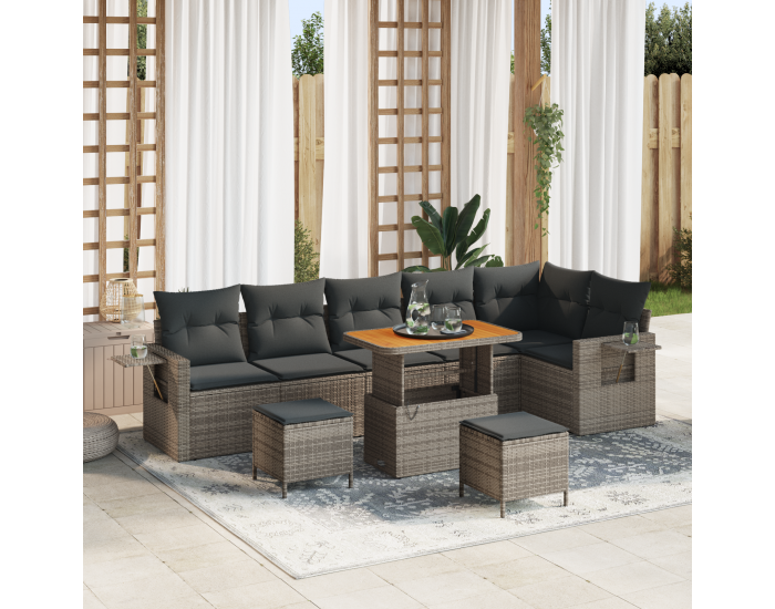 9-частов комплект градински диван с възглавници в сиво, полираатан, акация