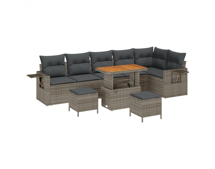 9-частов комплект градински диван с възглавници в сиво, полираатан, акация