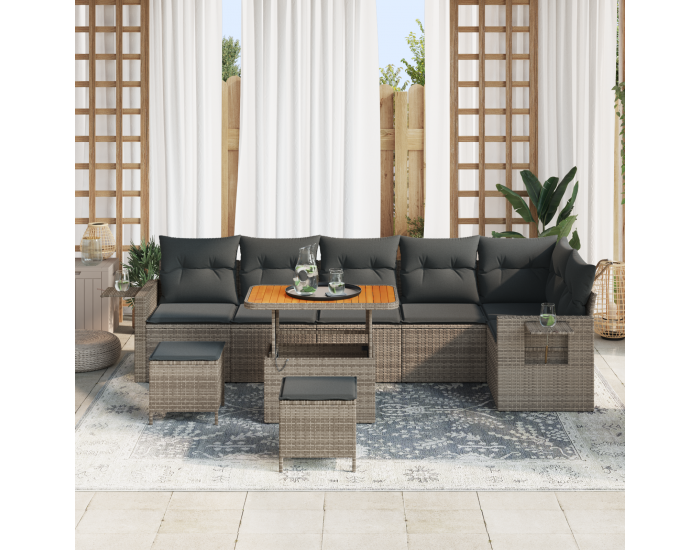 9-частов комплект градински диван с възглавници в сиво, полираатан, акация