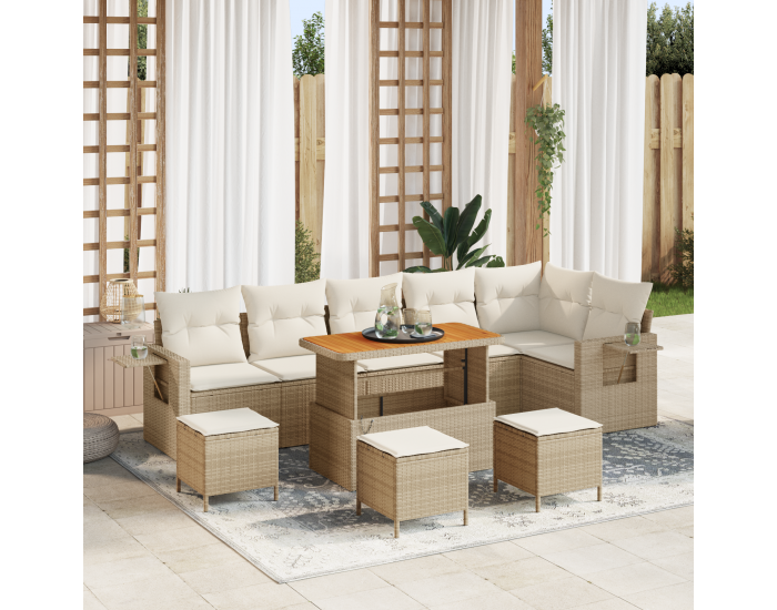 Sonata H 10 Частен Градински Диван Комплект с Възглавници Бежов Полиестерен Ратан Акация