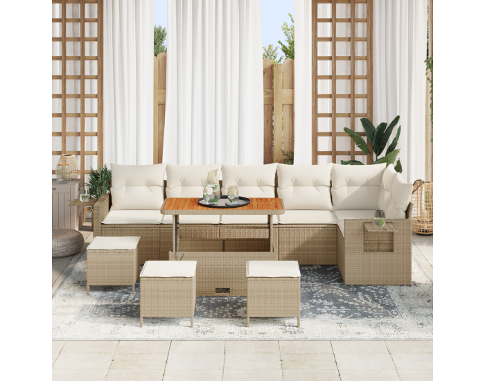Sonata H 10 Частен Градински Диван Комплект с Възглавници Бежов Полиестерен Ратан Акация