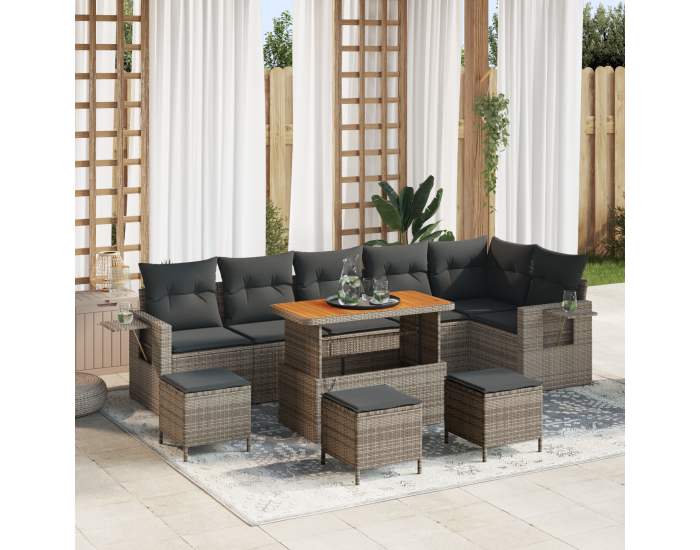 Sonata H 10 Частен Градински Диван Комплект с Възглавници Сив Полиратан Акация