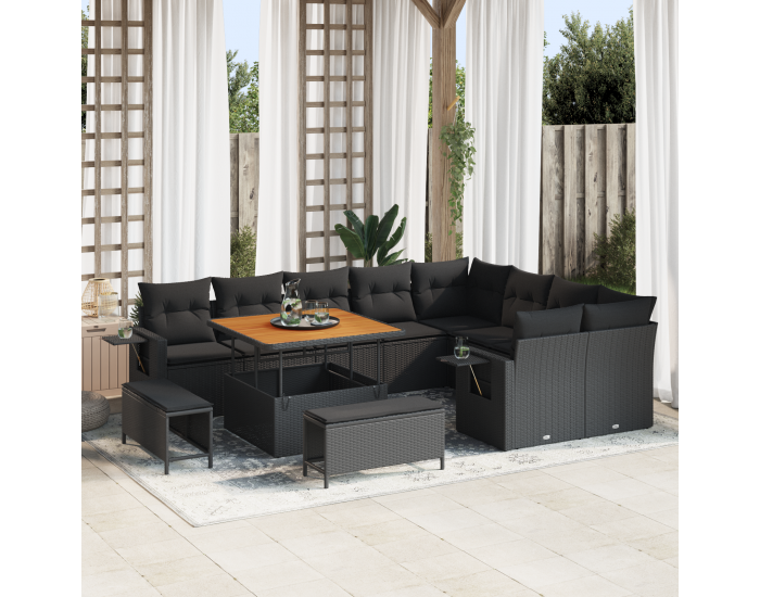 Sonata H 12 Частен Градински Диван Сет с Възглавници Черен Полиратан Акация