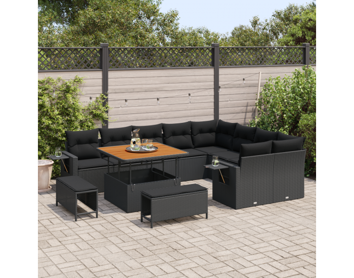 Sonata H 12 Частен Градински Диван Сет с Възглавници Черен Полиратан Акация