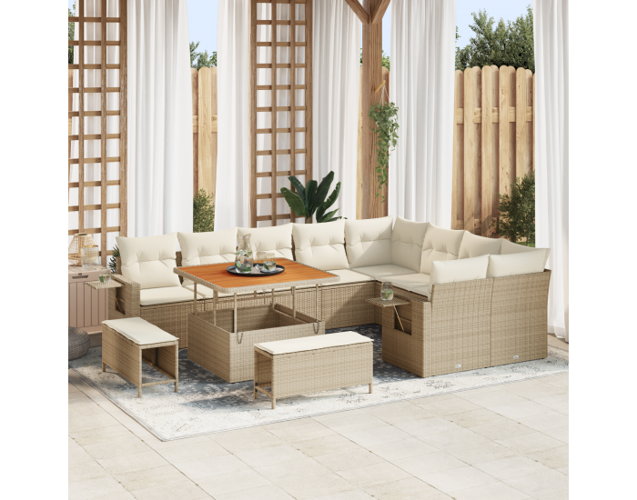 Sonata H 12-частен градински диван комплект с възглавници бежов полирано ратан