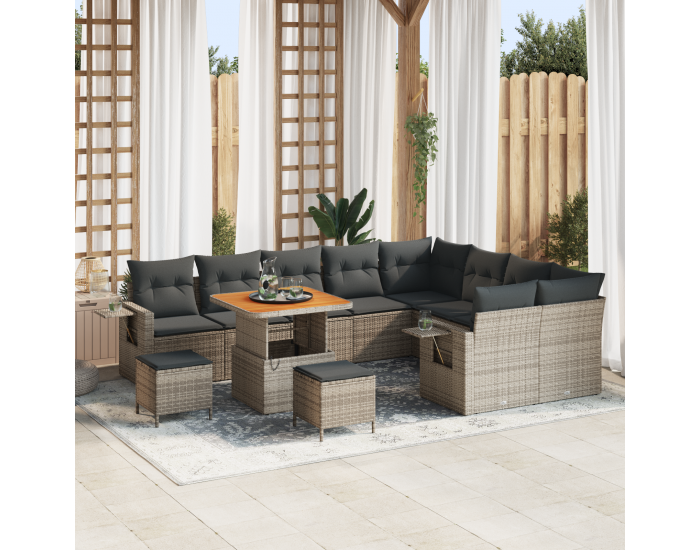 Sonata H 12 Частов Градински Диван Комплект с Възглавници Сив Полиратан Акакция