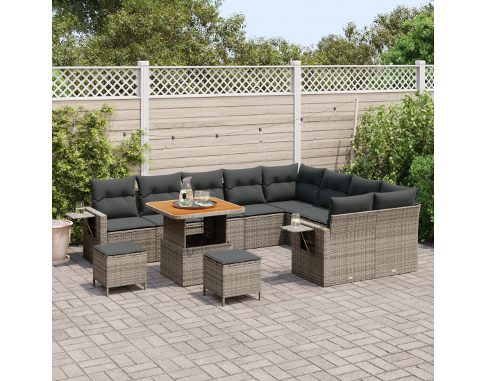 Sonata H 12 Частов Градински Диван Комплект с Възглавници Сив Полиратан Акакция