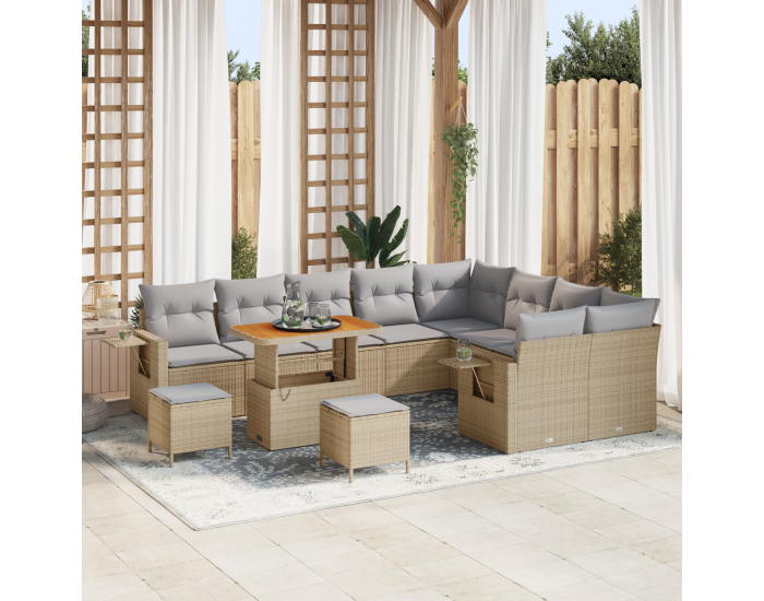 Sonata H 12 части градински диван комплект с възглавници Бежов Полиратан Акация
