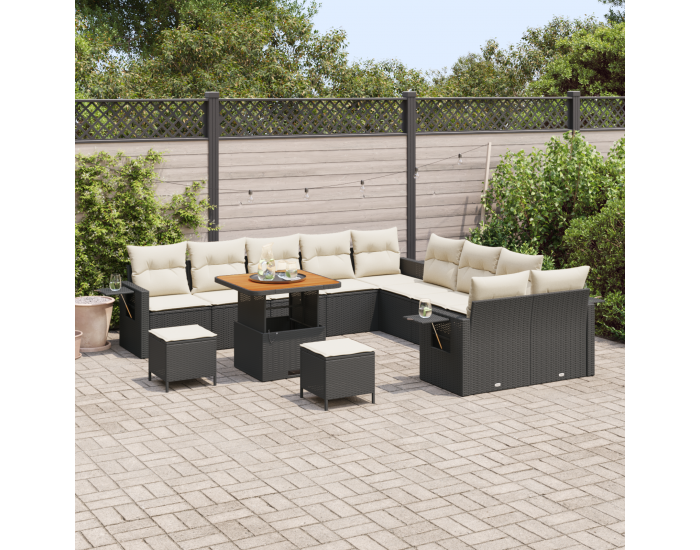 Sonata H 13 Часов Градински Диван Комплект с Възглавници Черен Поли Ратан