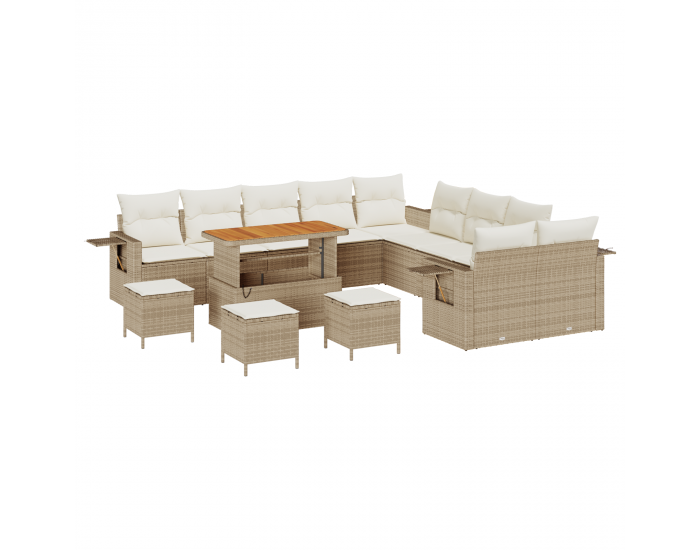 Комплект Градински Диван Sonata H от 14 части с Възглавници Бежов Полиратан Акация