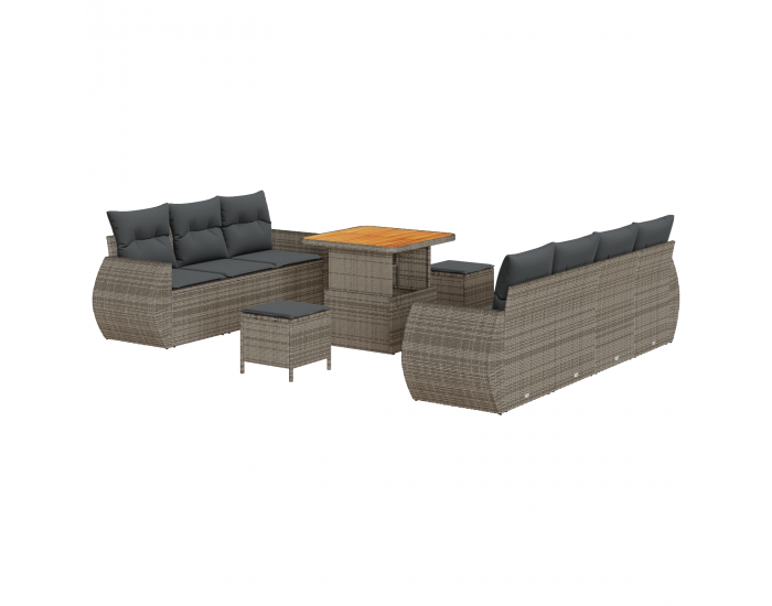 Sonata H 10-частен комплект градински диван с възглавници - Сив полиратан и акациево дърво