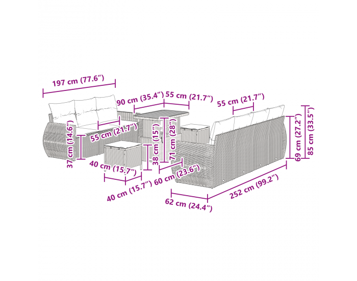Sonata H 10 частен комплект градински диван с възглавници сив полиритан акация