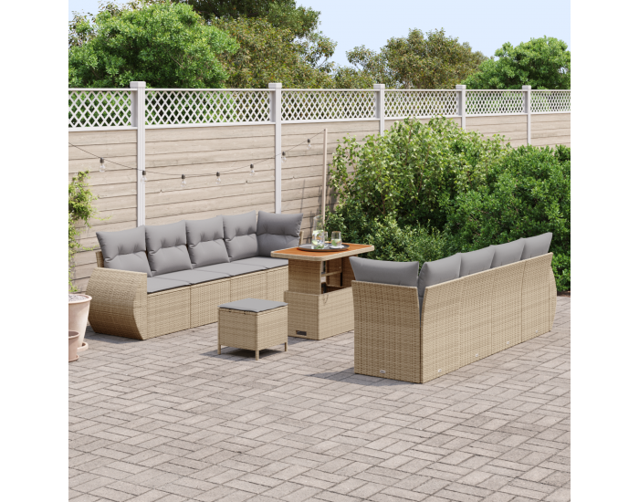 Сет за градински диван от 11 части с възглавници Бежов Полирана Ратан Акация