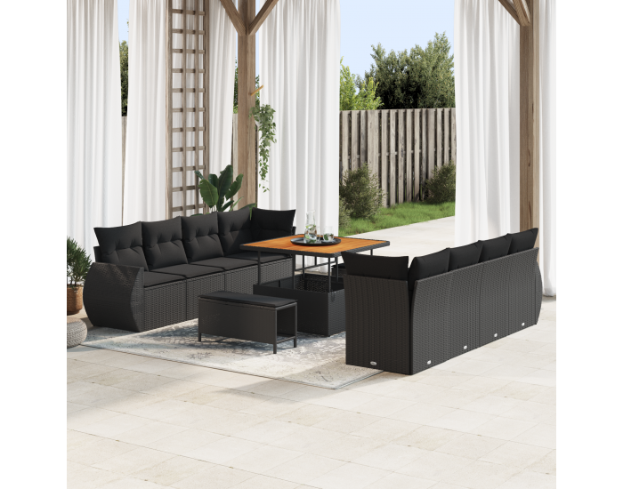 Sonata H 11 Частен Комплект Градински Диван с Възглавници Черен Полиратан Акация