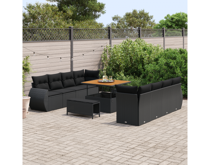 Sonata H 11 Частен Комплект Градински Диван с Възглавници Черен Полиратан Акация