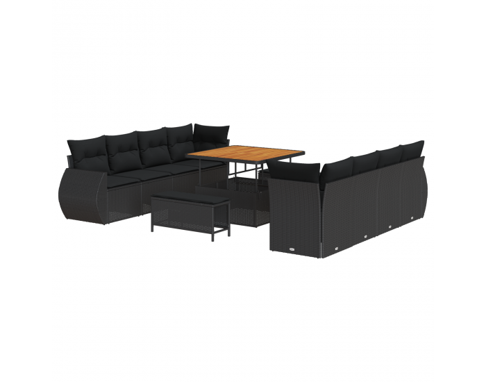 Sonata H 11 Частен Комплект Градински Диван с Възглавници Черен Полиратан Акация