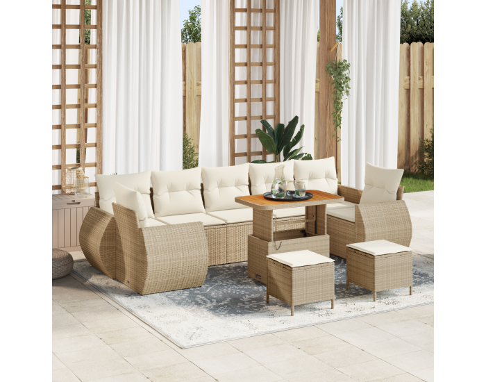Sonata H 10 части градински диван комплект с възглавници бежов полиране ратан акация
