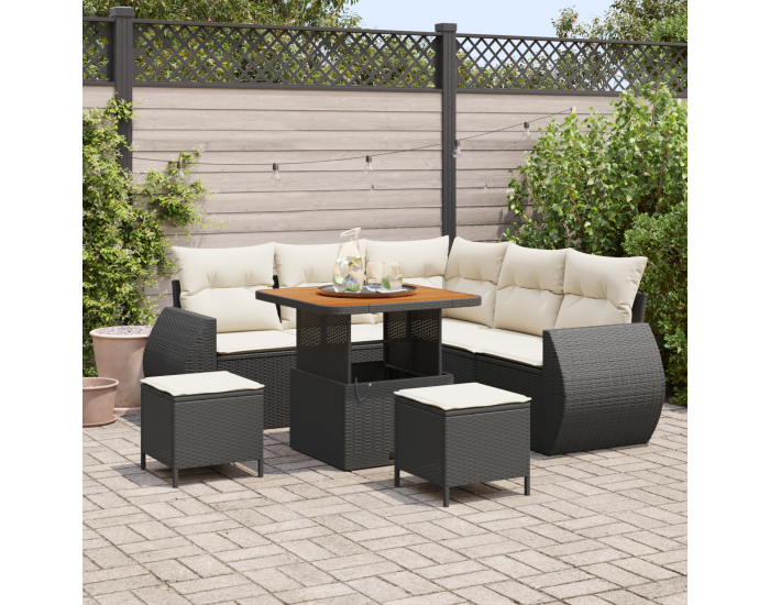 8-частен градински комплект софа с възглавници Черен полиратан акация