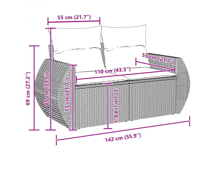 Sonata H 12 Часов комплект за градински диван с възглавници черен полиратан акация