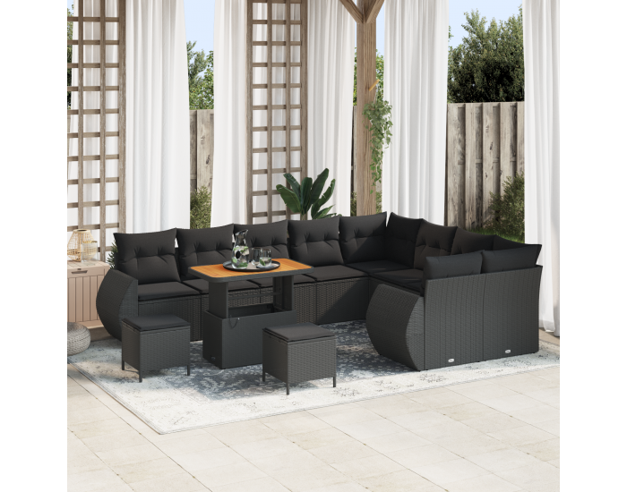 Sonata H 12-частен градински диван комплект с възглавници Черен полиратан Акация
