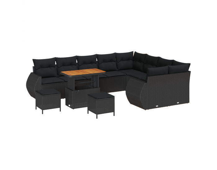 Sonata H 12-частен градински диван комплект с възглавници Черен полиратан Акация
