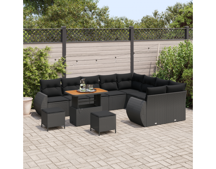 Sonata H 12-частен градински диван комплект с възглавници Черен полиратан Акация