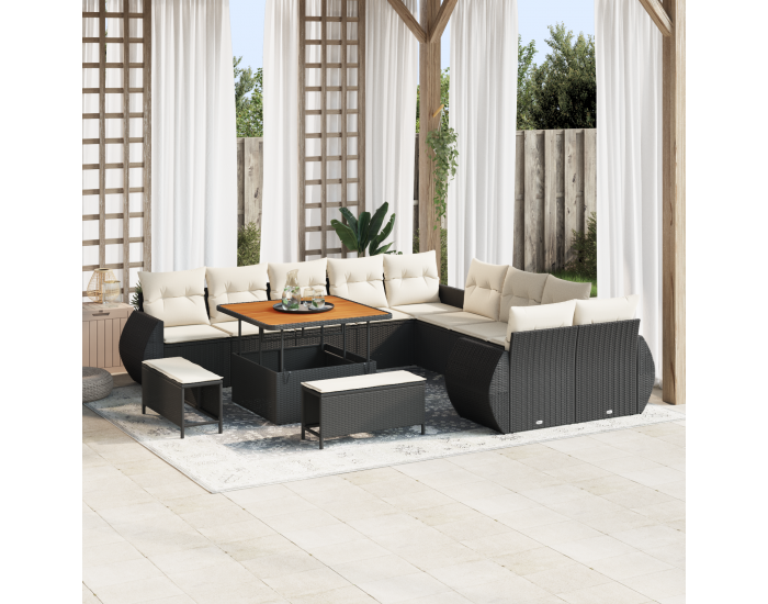 Sonata H 13-частен комплект градински диван с възглавници черен полиратан акация