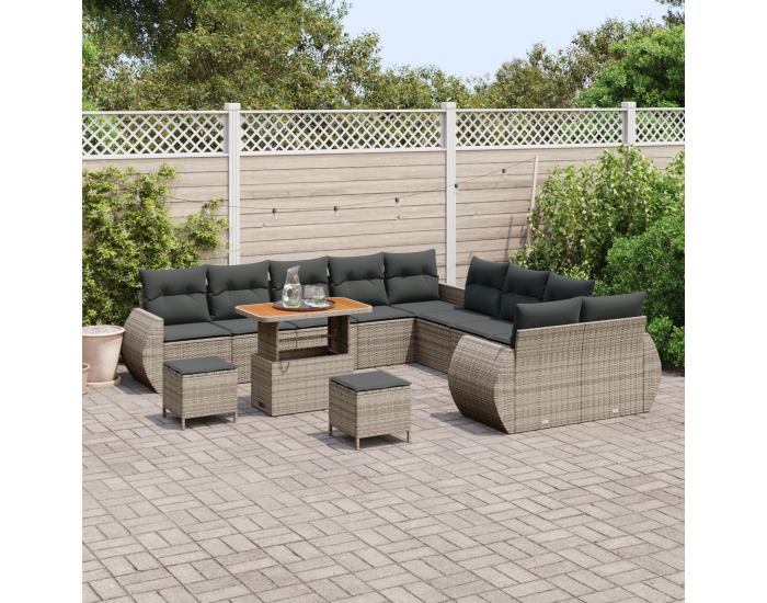 Sonata H 13 Часов Градински Диван Комплект с Възглавници Сив Полиратан Акация