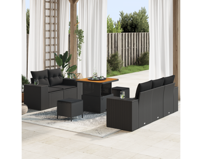 Градински диван комплект от 8 части с възглавници черен полиратан акация