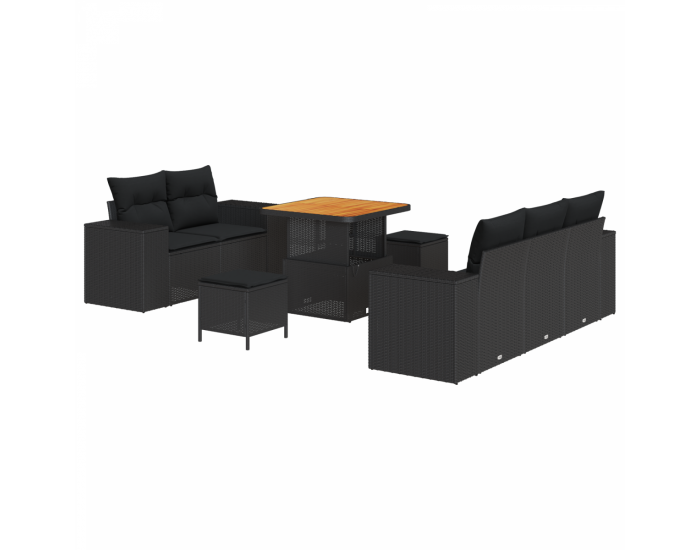 Градински диван комплект от 8 части с възглавници черен полиратан акация