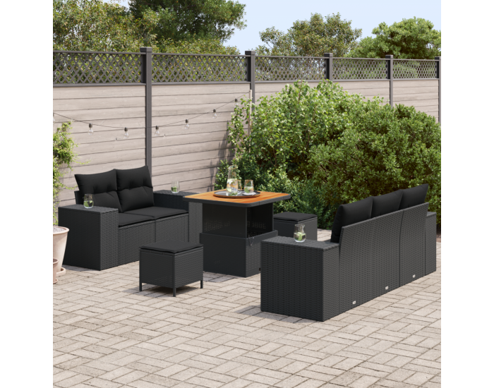 Градински диван комплект от 8 части с възглавници черен полиратан акация