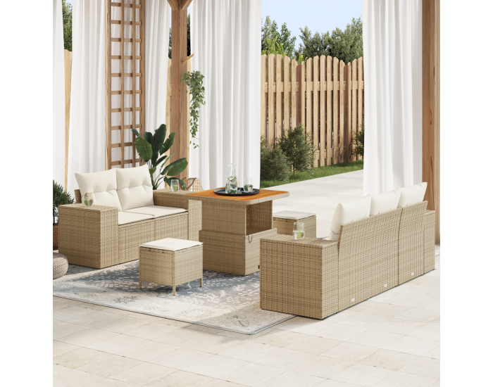 8 частен Градински диван комплект с възглавници Бежов полиратан акация
