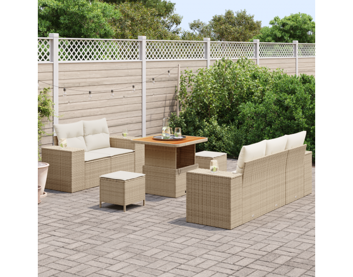 8 частен Градински диван комплект с възглавници Бежов полиратан акация