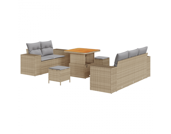 8-частен комплект градински диван с възглавници Бежов Полиестерен ратан Акация