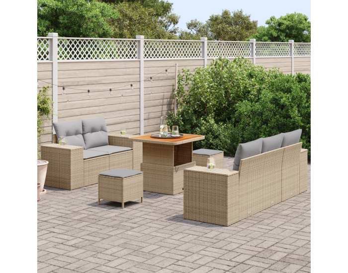 8-частен комплект градински диван с възглавници Бежов Полиестерен ратан Акация