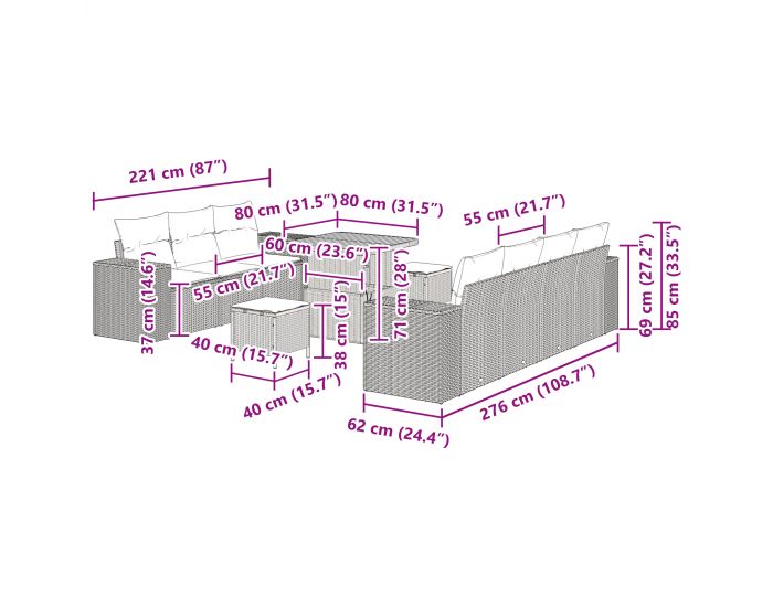 Sonata H 10 части градински диван комплект с възглавници сив