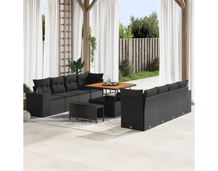 Sonata H 11 Часовен градински диван комплект с възглавници Черен Полиратан Акация