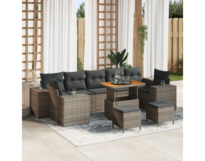Sonata H 10-частен градински диван комплект с възглавници сив полирани ратанови акации